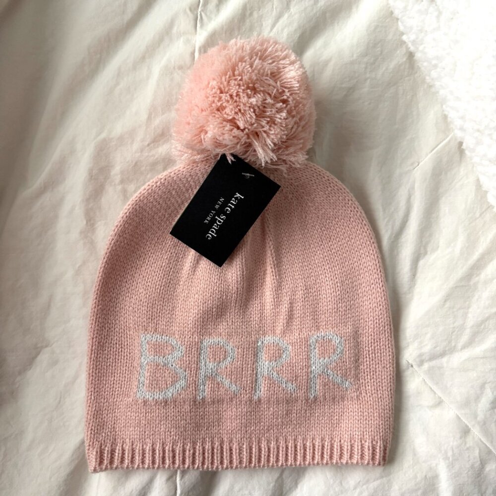 Kate Spade NY Brrr Beanie Knit Hat Faux Fur Pom Pom English Rose Balletcore Cozy
